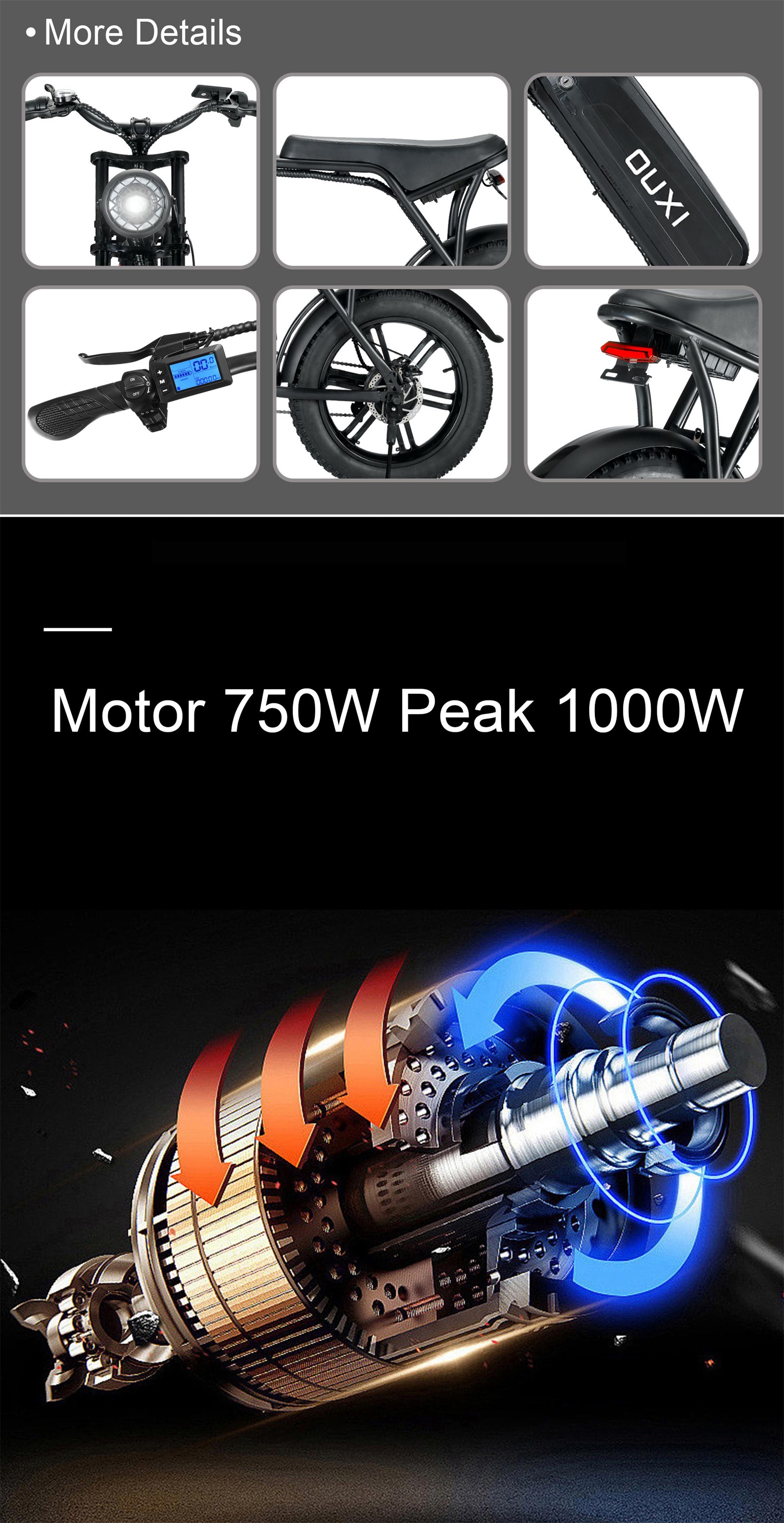 Powerful 750W V8 Motor 20 Inch Fat Tire Electric Mountain Bike With 48V 15ah Battery