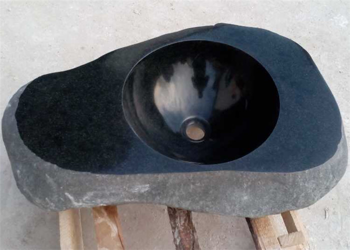 Vessel Mounted Black Stone Sink Bowl Split Surface For Corridor , 400x400x140mm