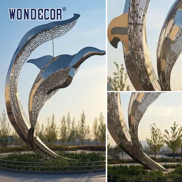 Large outdoor park metal art hollow lines dolphin stainless steel sculpture