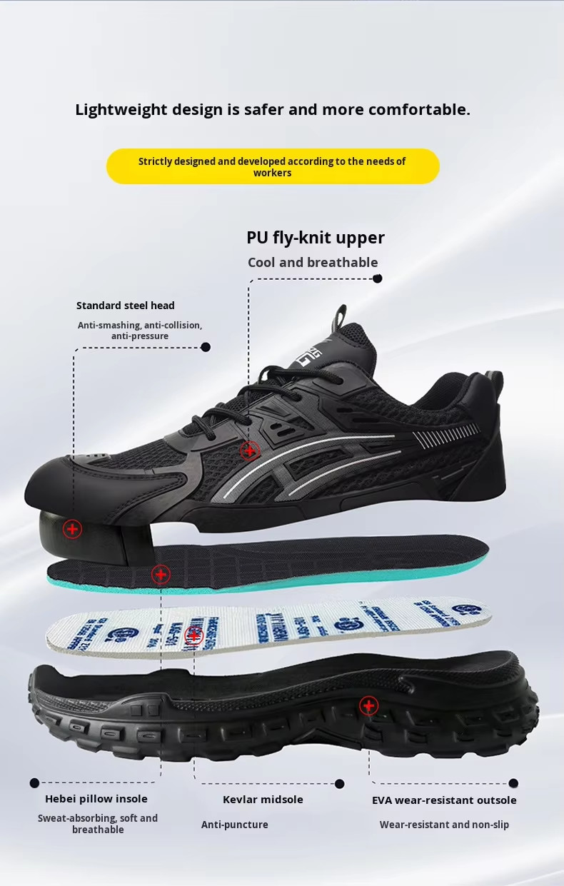 Anti-smashing Steel Toe Work Shoes With Kevlar Mid Sole And Breathable PU Flying Knit Upper