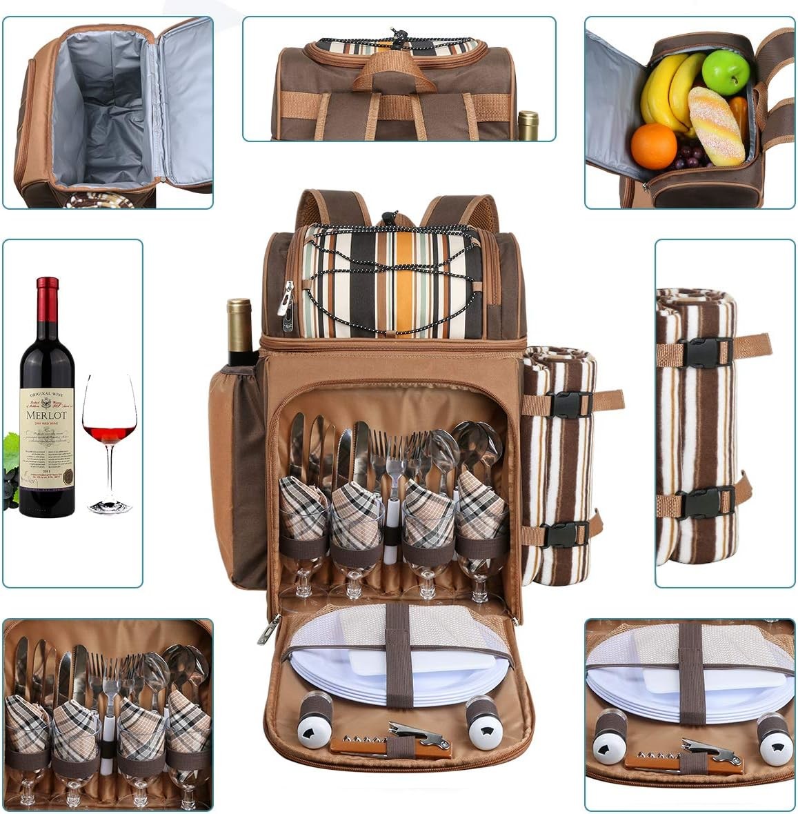 Hap Tim Picnic Backpack Cooler for 4 Person with Insulated Leakproof Cooler Bag, Wine Holder, Fleece Blanket,