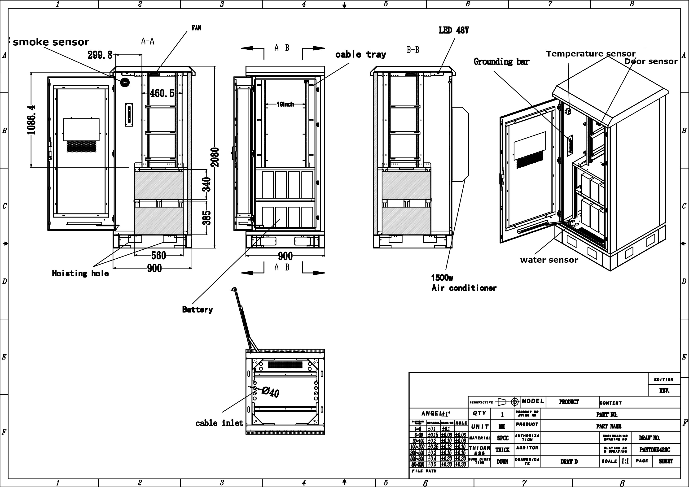 40U Outdoor Telecom Cabinet , outdoor 19 inch rack cabinet With Air Conditioner