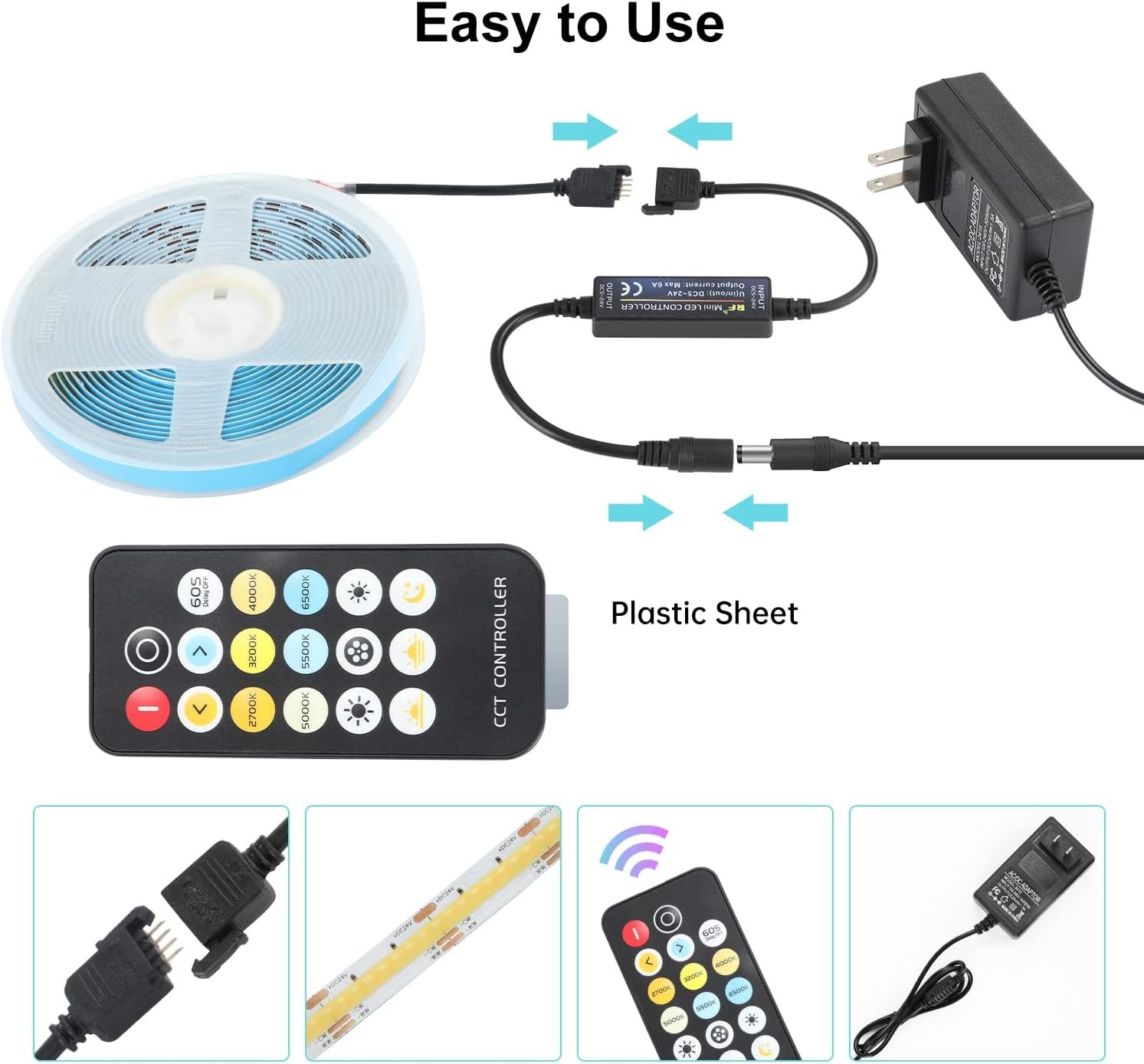 COB LED Strip Lights CCT (2700K-6500K Tunable) 2M 560LEDs/m CRI90 Led Tape Light Kit with box package led strip for Home
