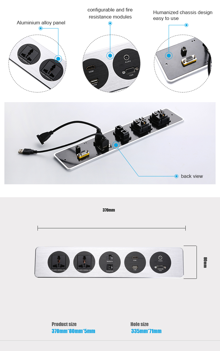 Aluminum Panel Mounted Office Desk Power Sockets Outlet With Usb