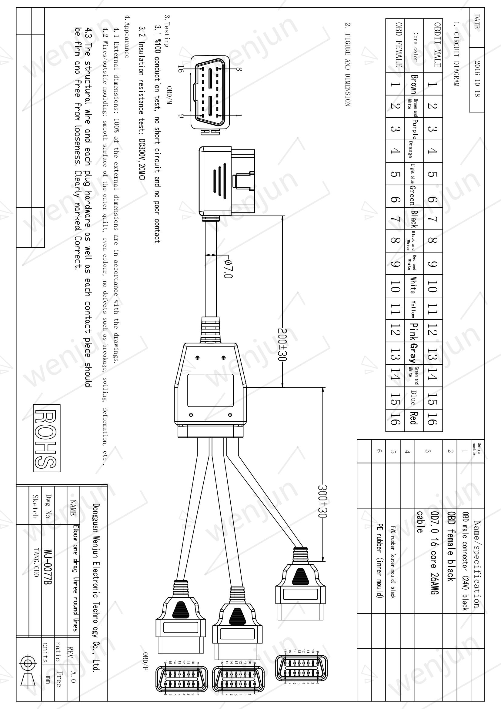 Data OBD OBD2 Y Cable 16 Pin 1 Male Elbow To 3 Female Extension