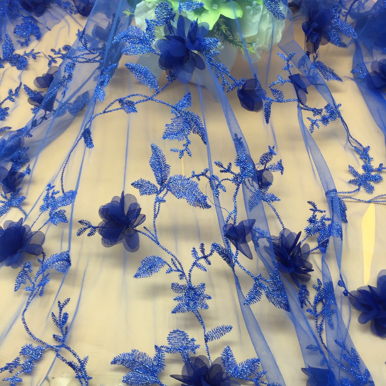 Colorful Polyester 3D flower embroidered Lace fabric for women garments