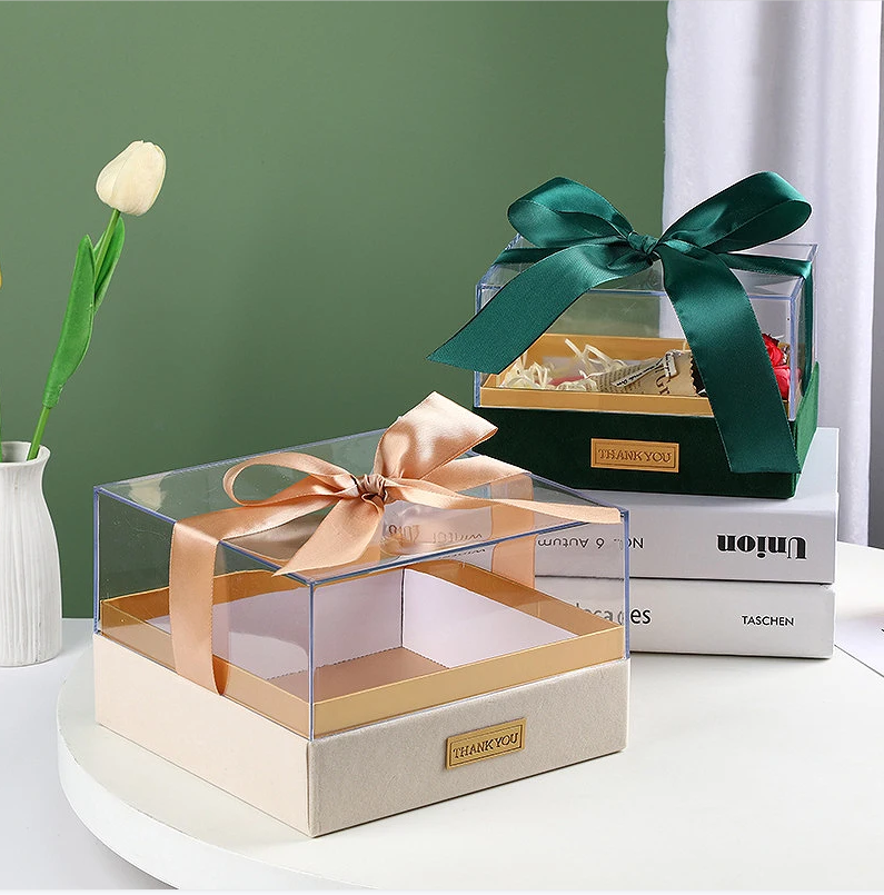 Paper Gift Packing Box with Ribbon Custom Acrylic Cover Lid Transparent Chocolate Box