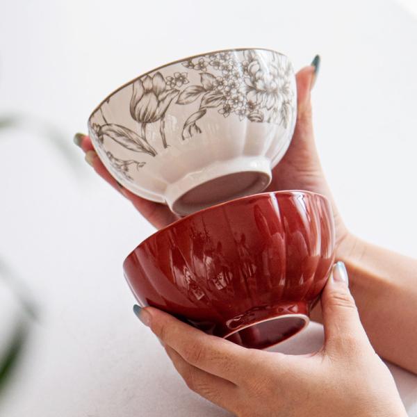Porcelain Stock Plate Bowl Set 4.5 Inch Microwave Re Heatable Plant Pattern Red