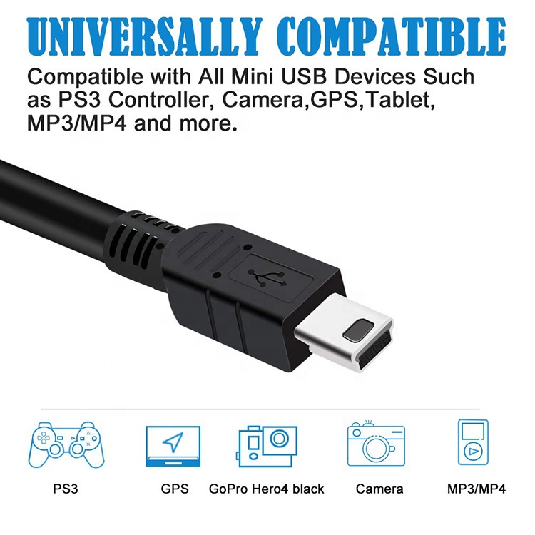 Custom Shied Mini B 5 PIN USB 2.0 Charger Data Cable For PS3 controller camera