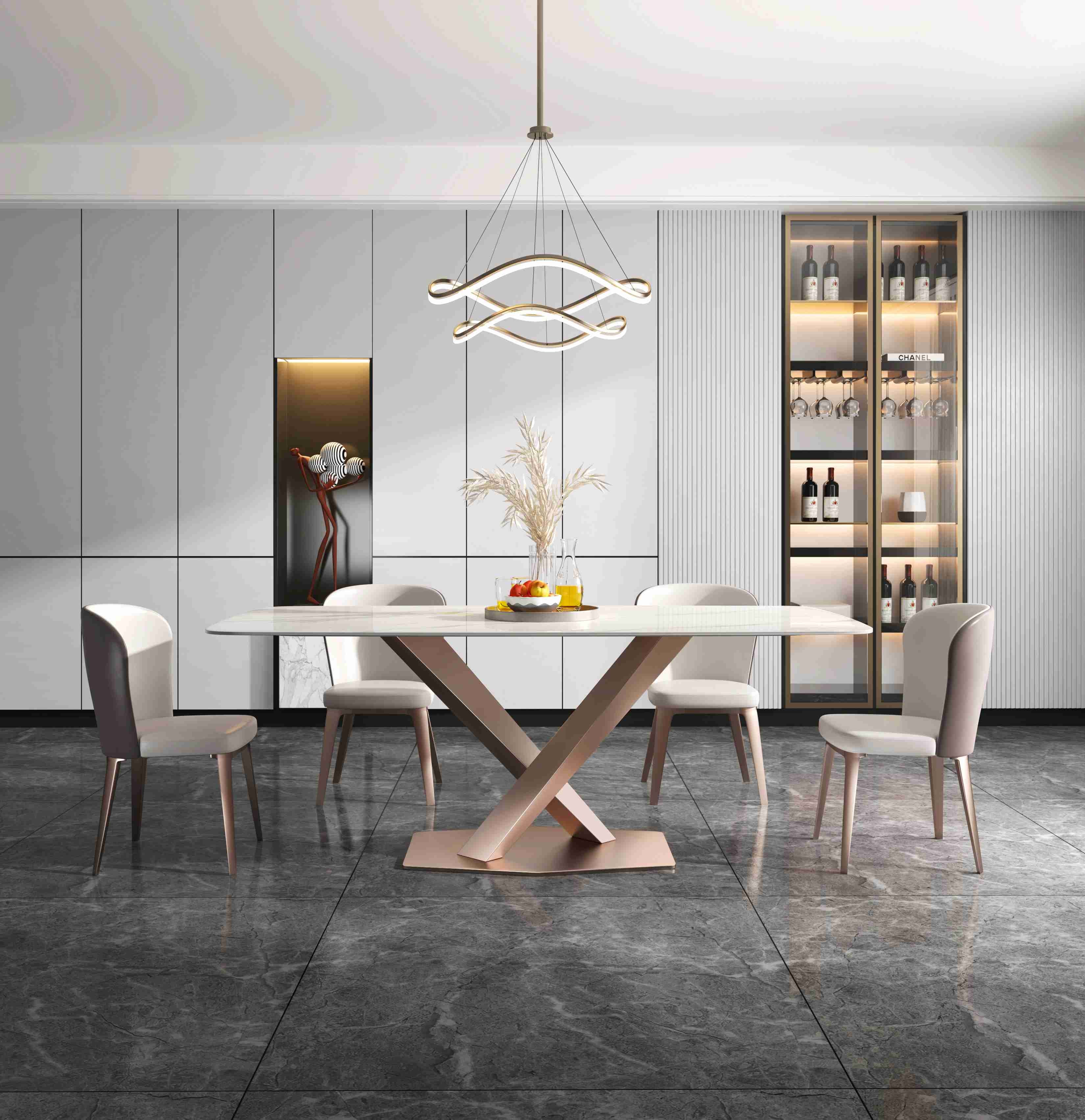 Plain X Base Luxury Modern Dining Tables 6 8 Seater Marble Top Stainless Steel Frame