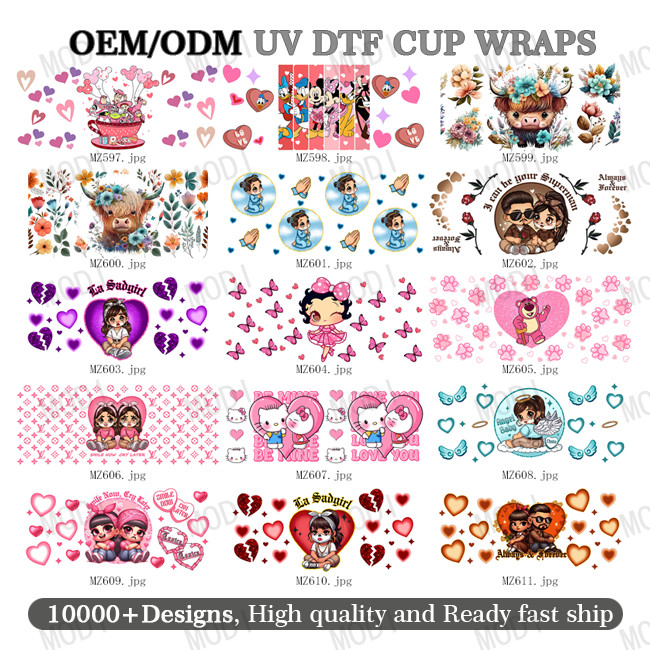 Wholesale Uv Dtf Cup Wrap Transfers Valentine'S Day High Quality Custom Uv Dtf Transfer Couple Design Cup Wrap