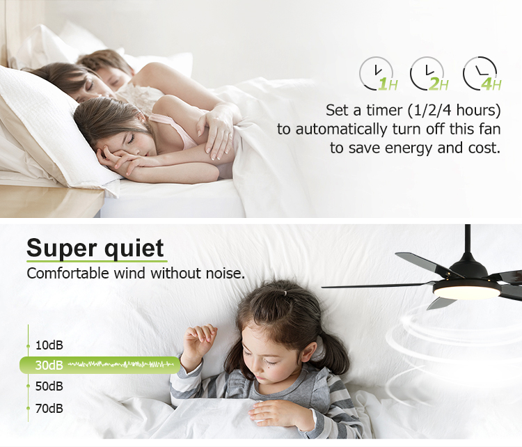 52inch Black ABS Blades 6 Speeds Remote Control LED Ceiling Fan Light with Copper Motor