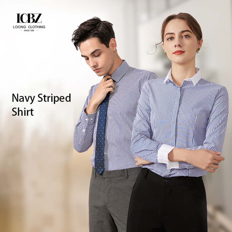 Work Office Formal Navy 100% Cotton Strip Button Down Shirts Custom Contrast Color