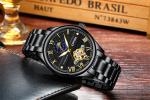 KINYUED luminous moon phase luxury black watch tourbillon automatic mechanical