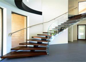 Quality Apartment Building Curved Stairs Wood Tread Stainless Steel Railing Syestem wholesale