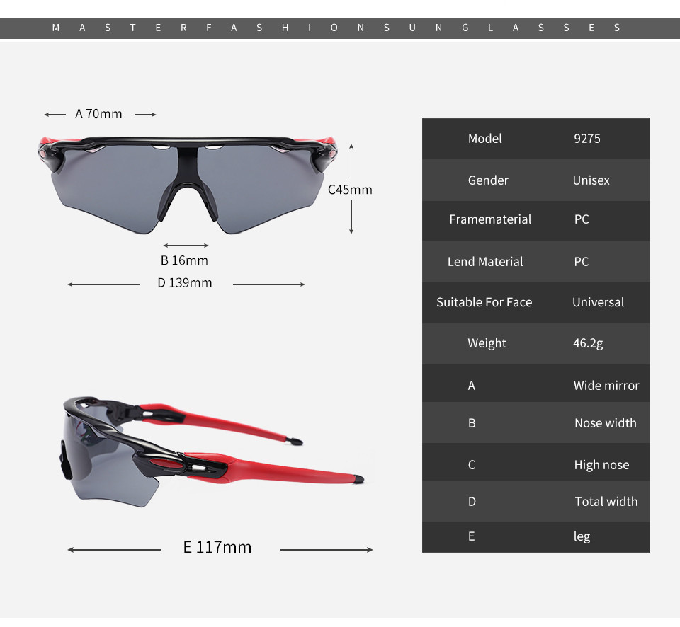 Outside Cycling Explosion Proof Bicycle 139MM Sports Sunglasses BSCI