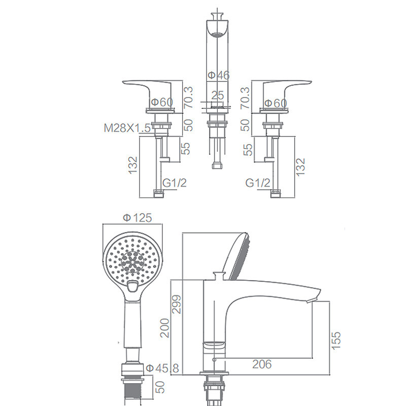Built in Bathtub Shower Mixer Φ125mm ABS Contemporary Style