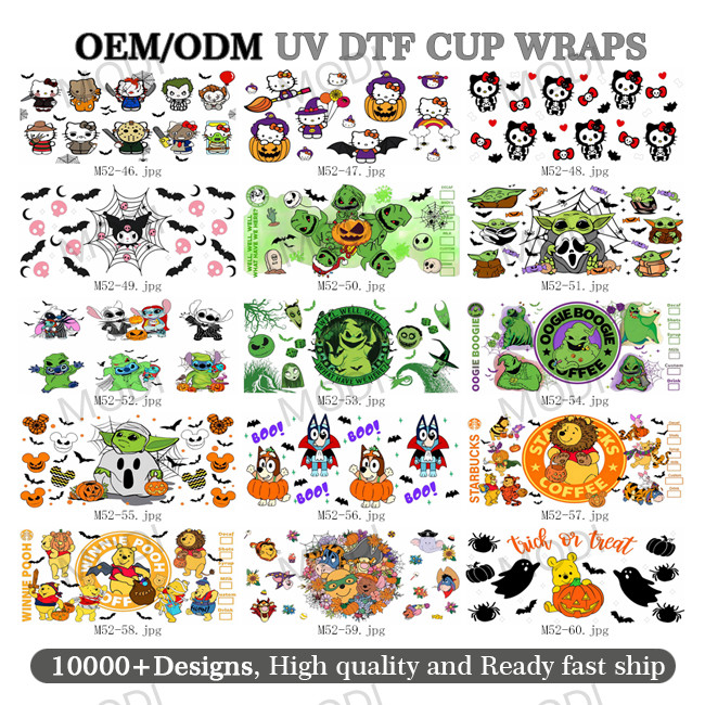 16OZ UV DTF Transfers For Halloween Cup Wrap Designs On Glass Tumblers