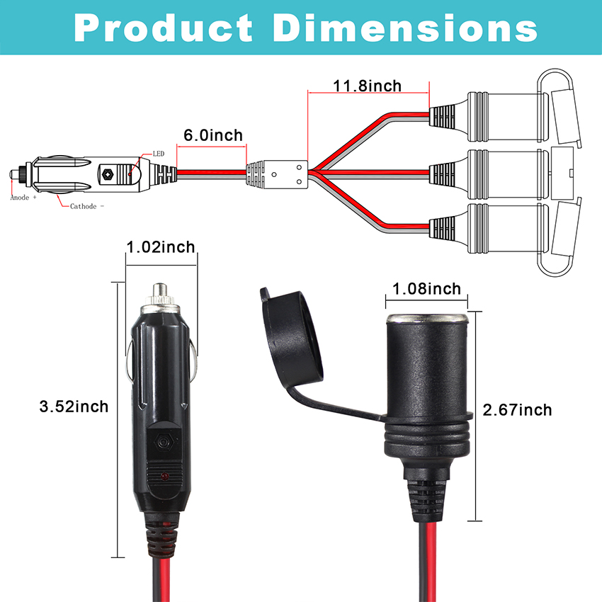 1 Male To 3 Female Car Cigarette Extension Cord Fuse 15A 16AWG Power Wire OEM ODM