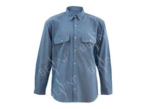 Quality Men's 100%Cotton Chambray Blue Work Shirt Long Sleeve Chest Pockets Detailed Sleeve Band wholesale