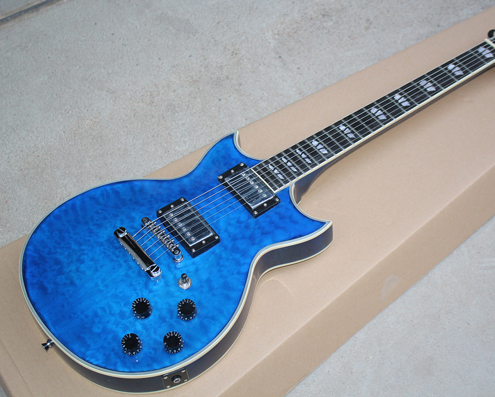 Custom Blue Body Electric Guitar with Flame Maple Veneer,Chrome Hardwares,White Binding body and neck