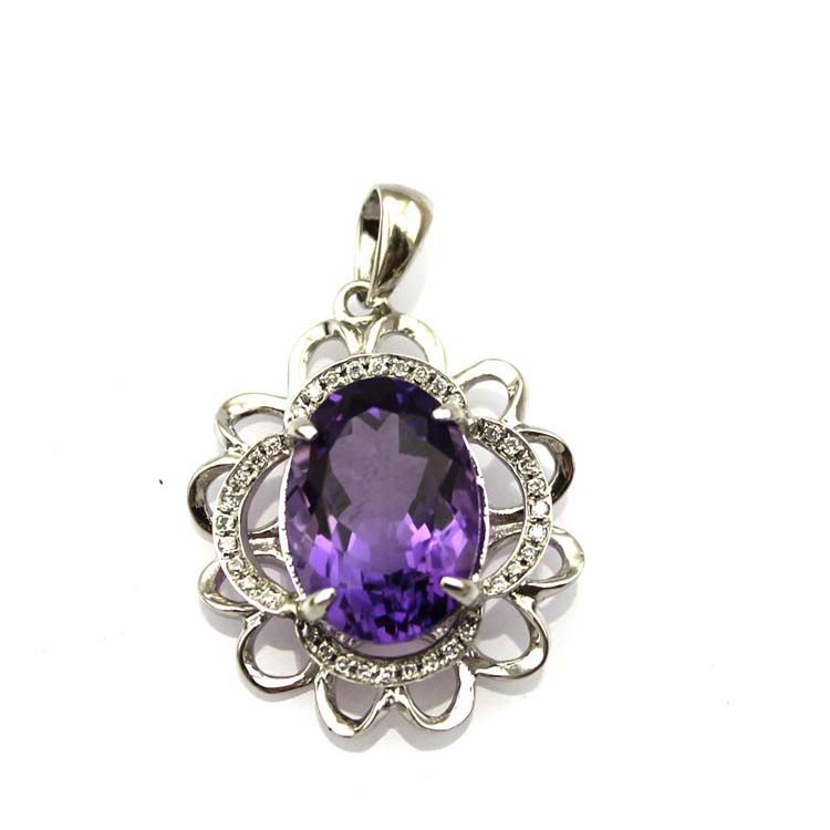 Silver Chain Necklace 10mm x14mm Oval Amethyst Cubic Zircon Pendant (PSJ0173 )
