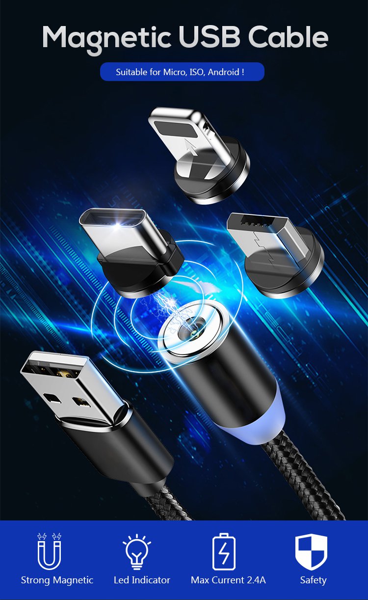1000mm Magnetic 3 In 1 Charging Cable