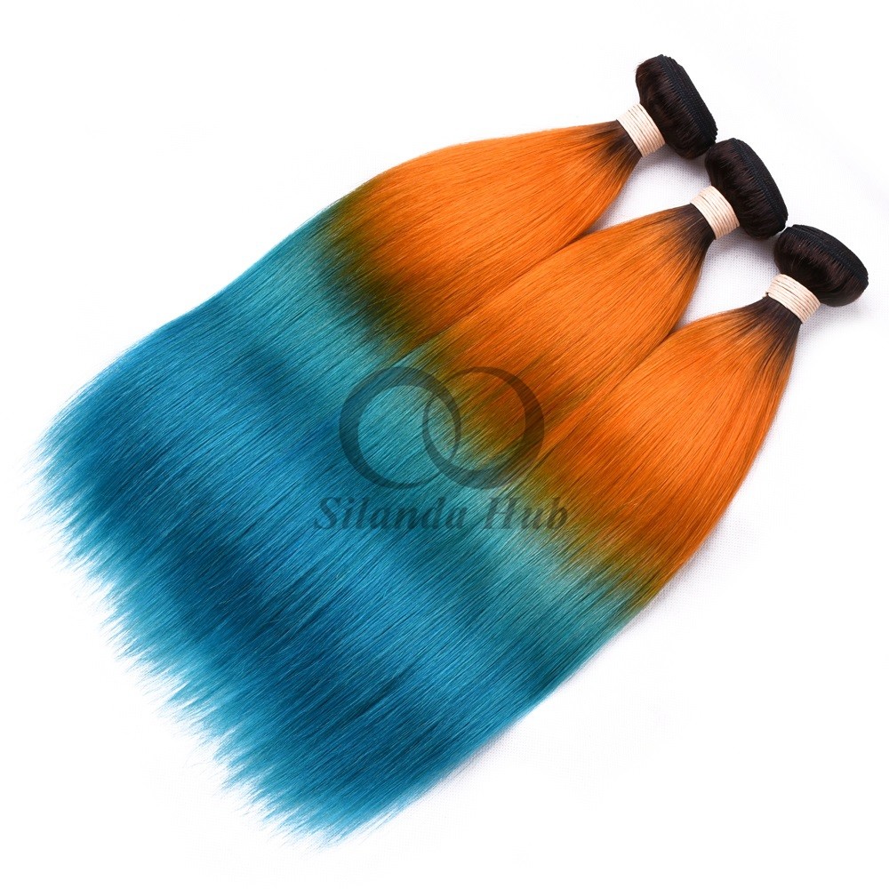 #T1B/Orange/Green Straight Remy Human Hair Bundles Sew In Weave Bundles Brazilian Bundle Deals