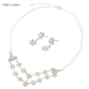Quality VICKY.HSIEH Silver Bridal Crystal Rhinestone Flower Necklace Earring Set wholesale