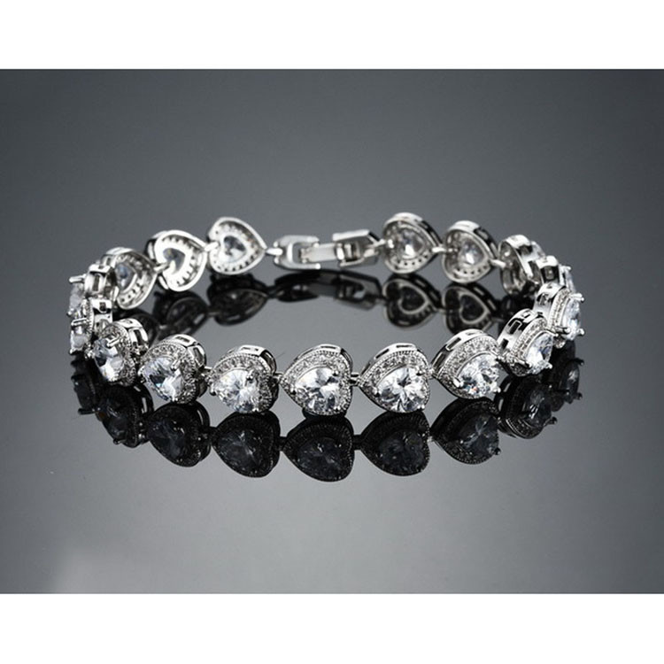 Fashion Platinum Plated Links Chain Heart Shape Clear Cubic Zirconia Tennis Bracelet (JDS949WHITE)