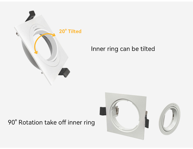 Commercial Square Recessed Spotlight Frame with 20° Tilt and Rotating Housing