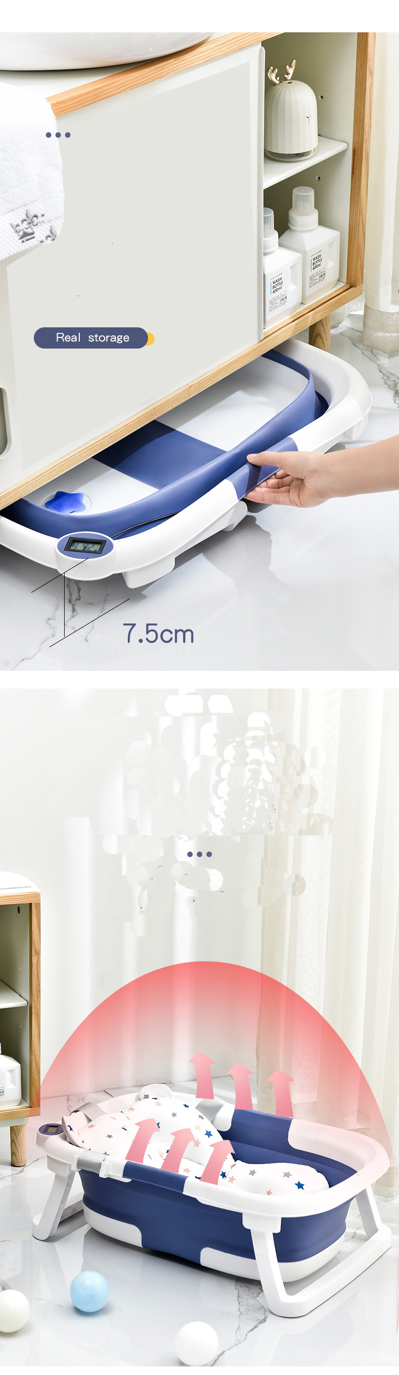 Portable Collapsible Infant Baby Bathtub Set High Temperature Resistance Carton Print