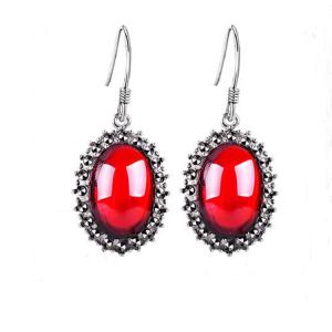 Quality Vintage Sterling Silver Oval Red Cubic Zirconia Dangle Earrings (E12034) wholesale