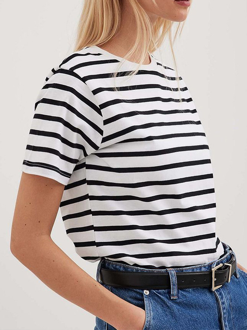 Unisex Striped Short Sleeve Round Neck T-Shirt Woven Technique Plain Dyed Women's Clothing