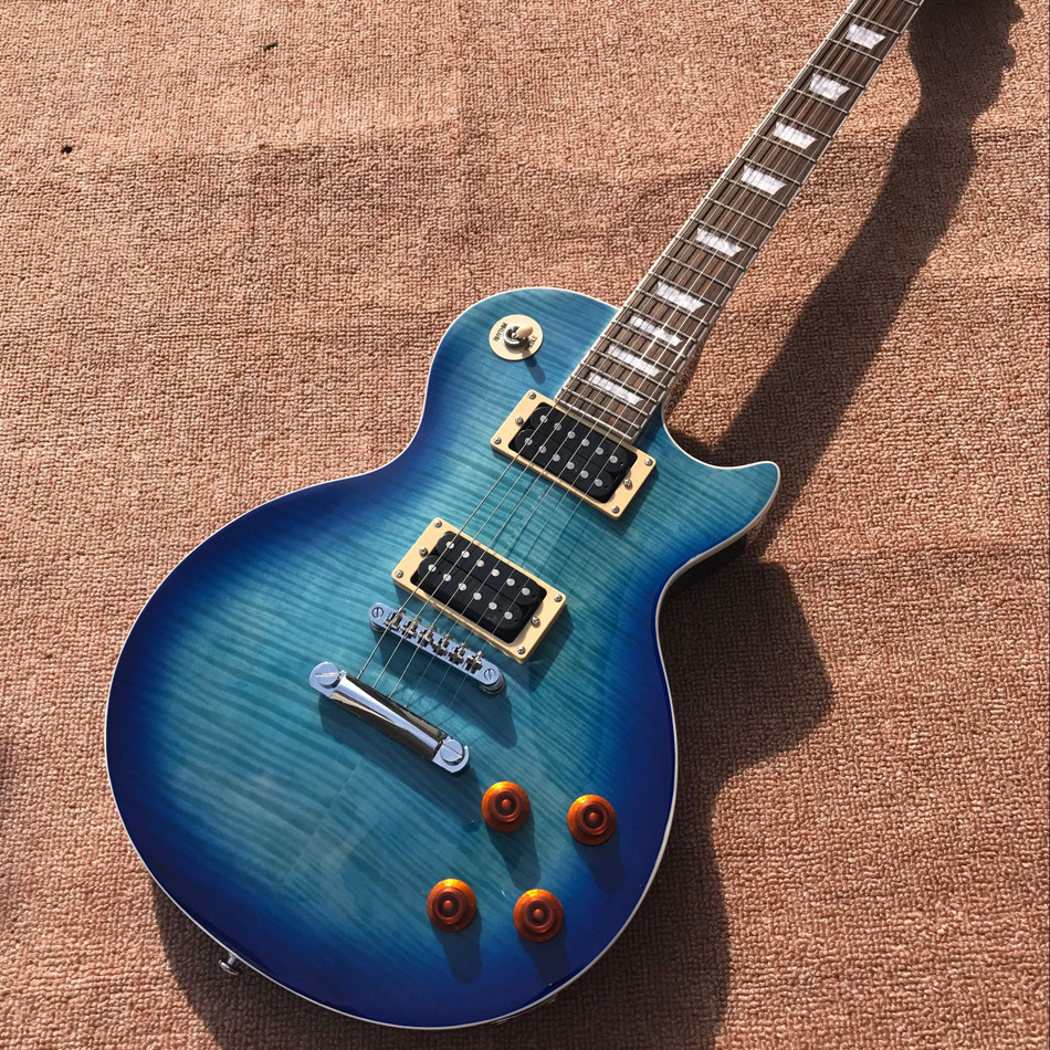 Custom LP tiger flame standard blue electric guitar mahogany body neck