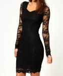 Fashion Long Sleeves Lace Midi Evening Dresses , Black Evening Dresses