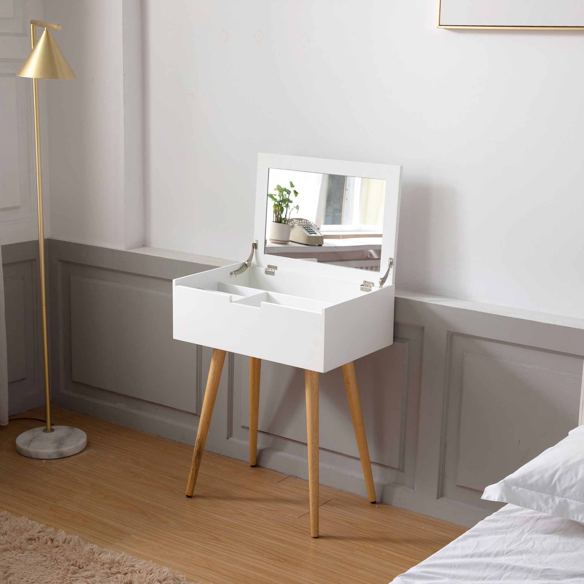 Brown White Wooden Dressing Table With Mirror Large Capacity Luxury For Bedroom Home