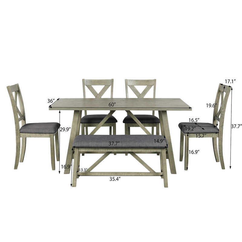 60inch length 6 Piece Dining Room Table And Chair Set Gray Color