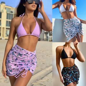 Quality Women's 3-piece Swimsuit with Striped Printed Pleated Skirt wholesale