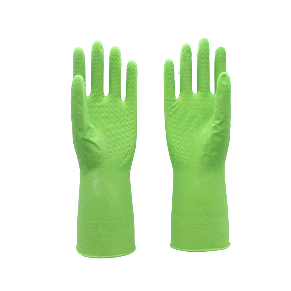 12 Inches Green Household Rubber Gloves Flock Lined For House Work