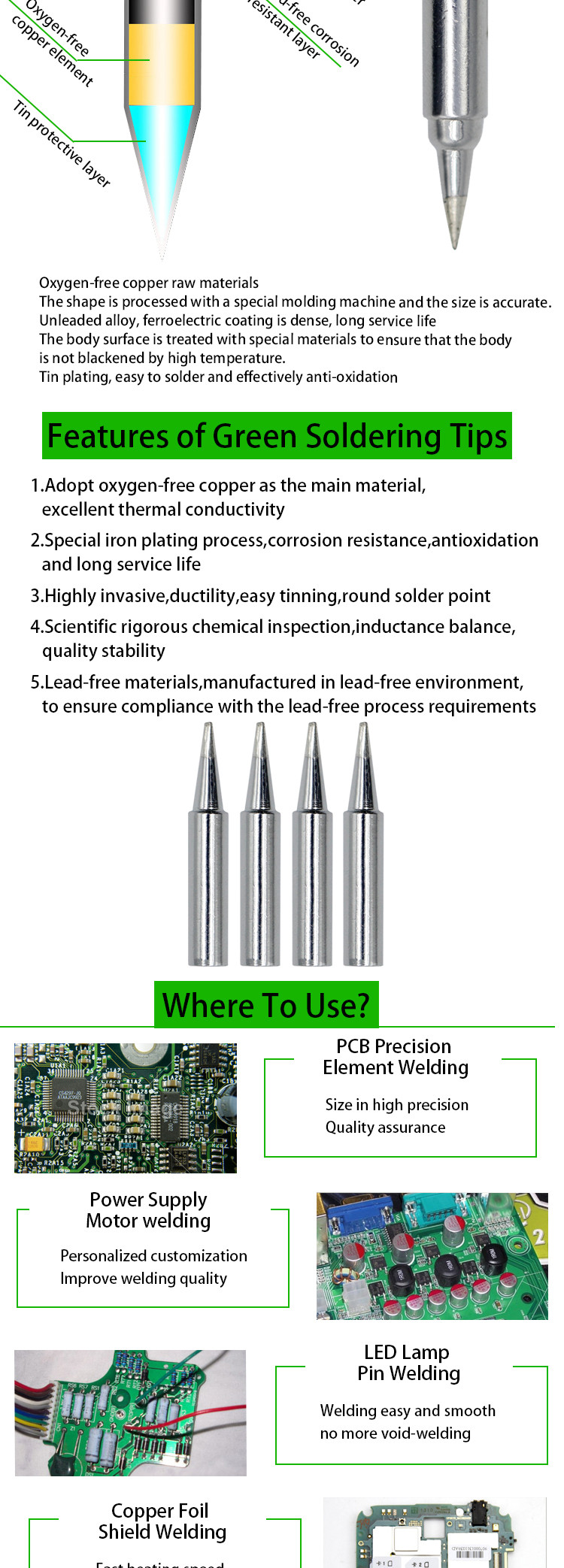 Green T18 Series Soldering Tips 40000-80000 Solder Point for Hakko Soldering Station