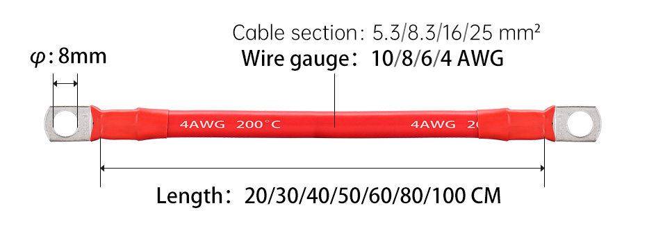 UPS Power 8 AWG Battery Wire 80cm 100cm M8 Terminal With Crimping And Soldering Lug