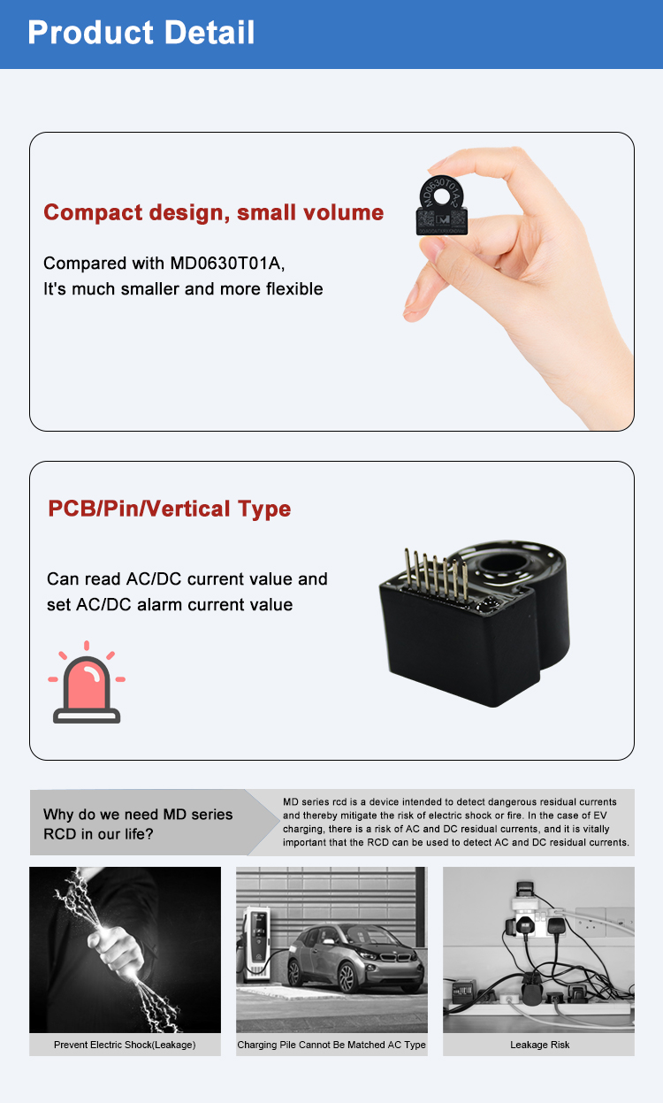 MD0630T01A-2 Ultra-small PCB/Pin Type RCD Sensor AC DC Residual Current Detector for Portable Charger