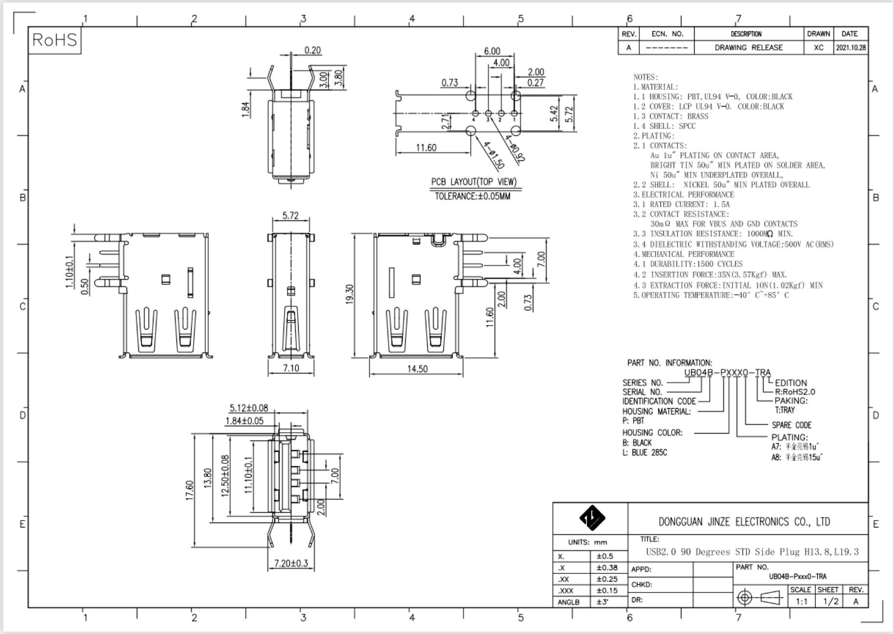 ODM 500V USB Socket Connector Usb2.0 With AU 1U Contact Plating