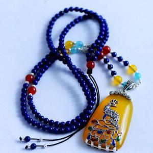 Quality 925 Silver Enamel Yellow Chalcedony Pendant Lapis Lazuli Beads Strand Necklace (XH057272) wholesale
