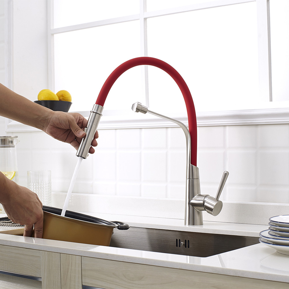 Sanitary Ware UPC Single Handle Stainless Steel Sink Taps Mixer Red Rubber Pull Out 2 Funtions Kitchen Faucet