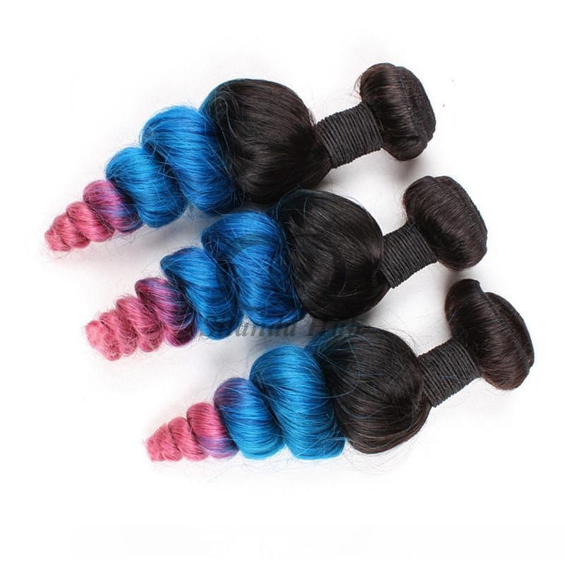 #T1B/Blue/Pink Loose Wave Remy Human Hair Bundles Sew In Weave Bundles Brazilian Bundle Deals