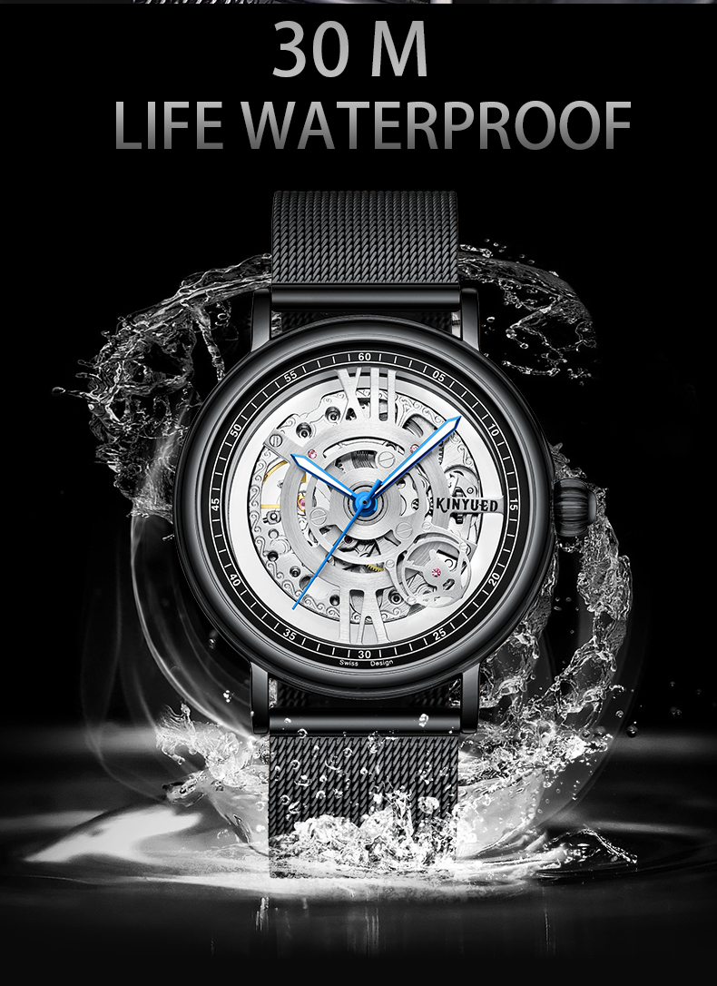 KINYUED J069 stainless steel luxury leather waterproof quartz oem brand hands wristwatches custom logo wrist mens watch