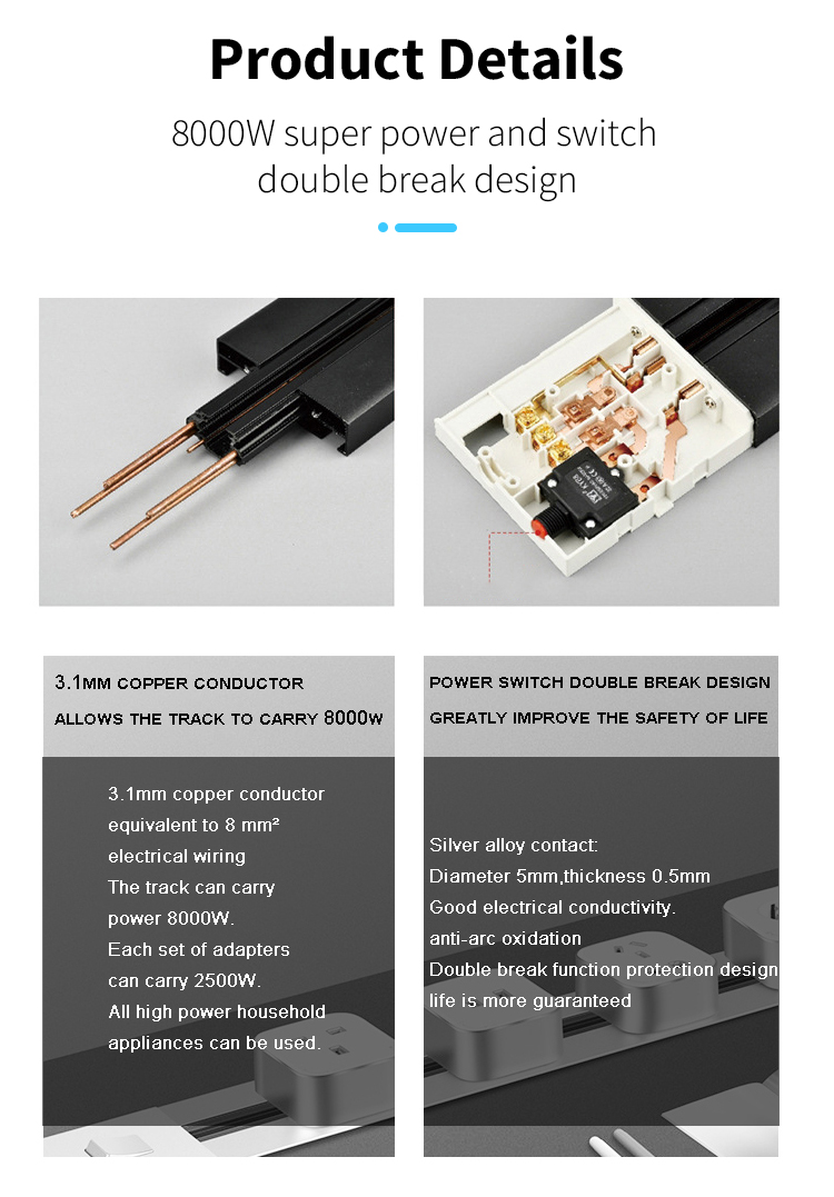 Aluminum Surface Wall Power Track Socket With Usb For Uk System Rated Voltage 100-250V