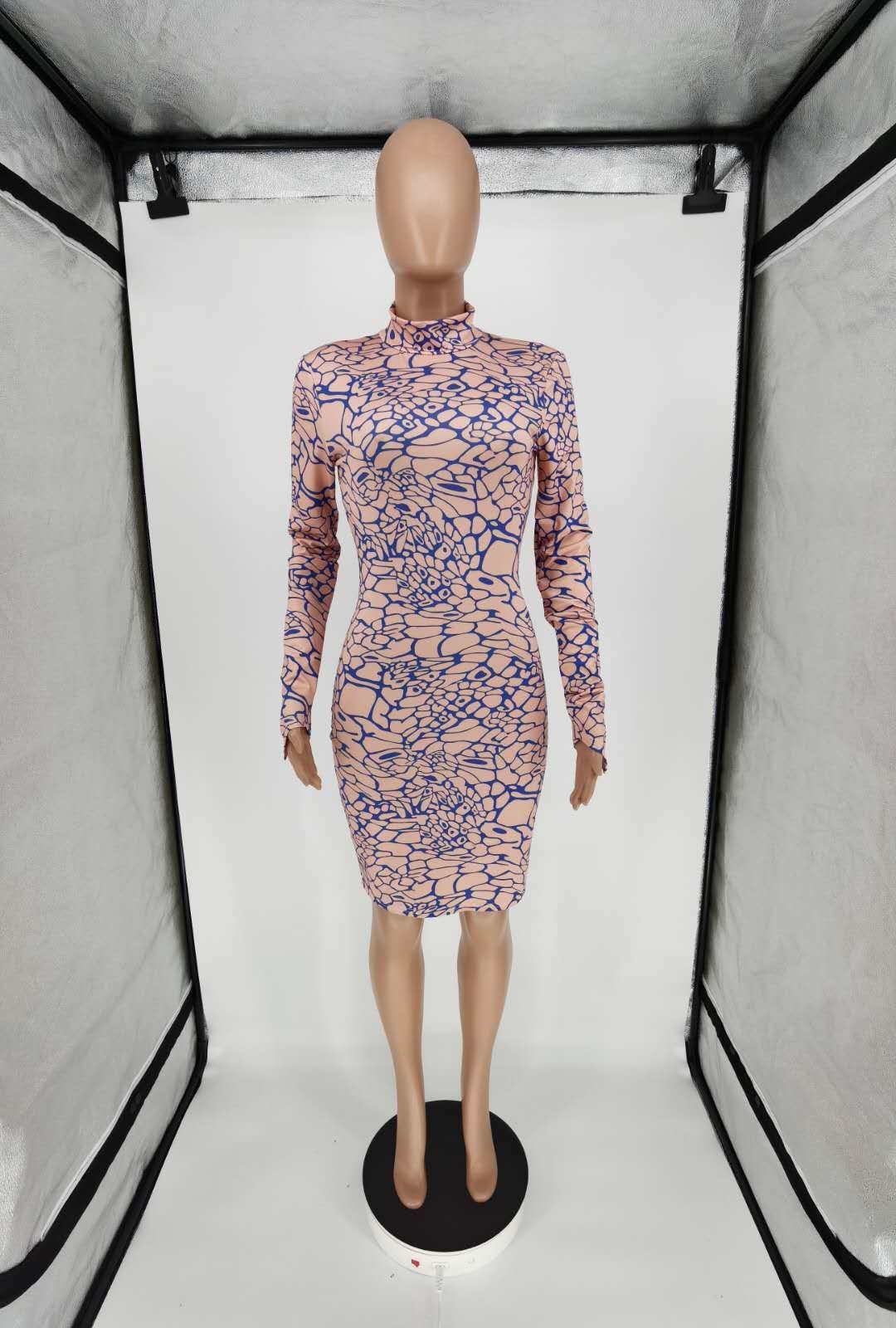 Sexy Tight Buttock With Long Sleeves High Collar Printed Super Short Dress